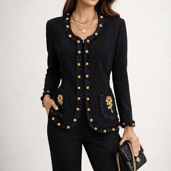 Victor Costa Black Jacket with Gold Buttons and Detailing Designer VTG Couture - Picture 14 of 14